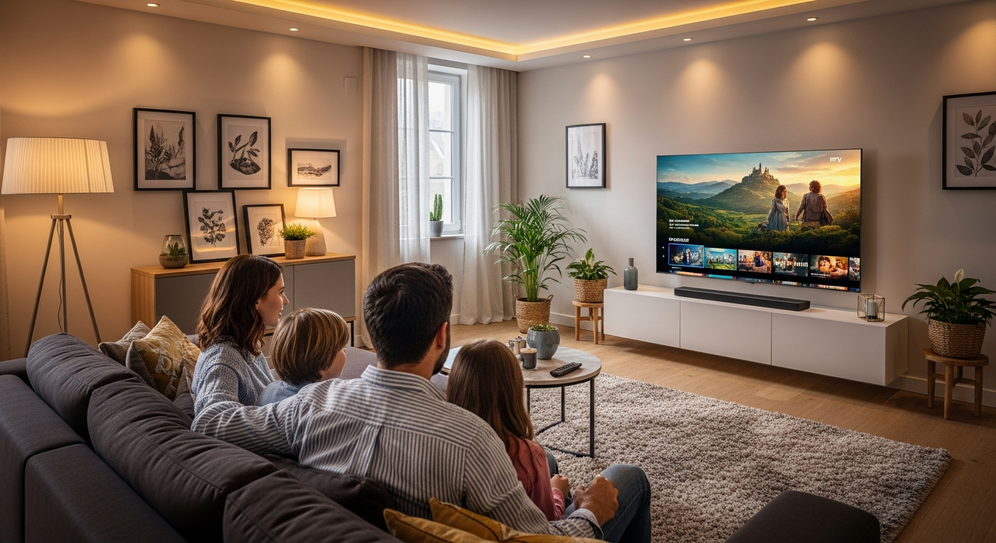 Melhor IPTV em Portugal - Família a transmitir em Smart TV em qualidade 4K